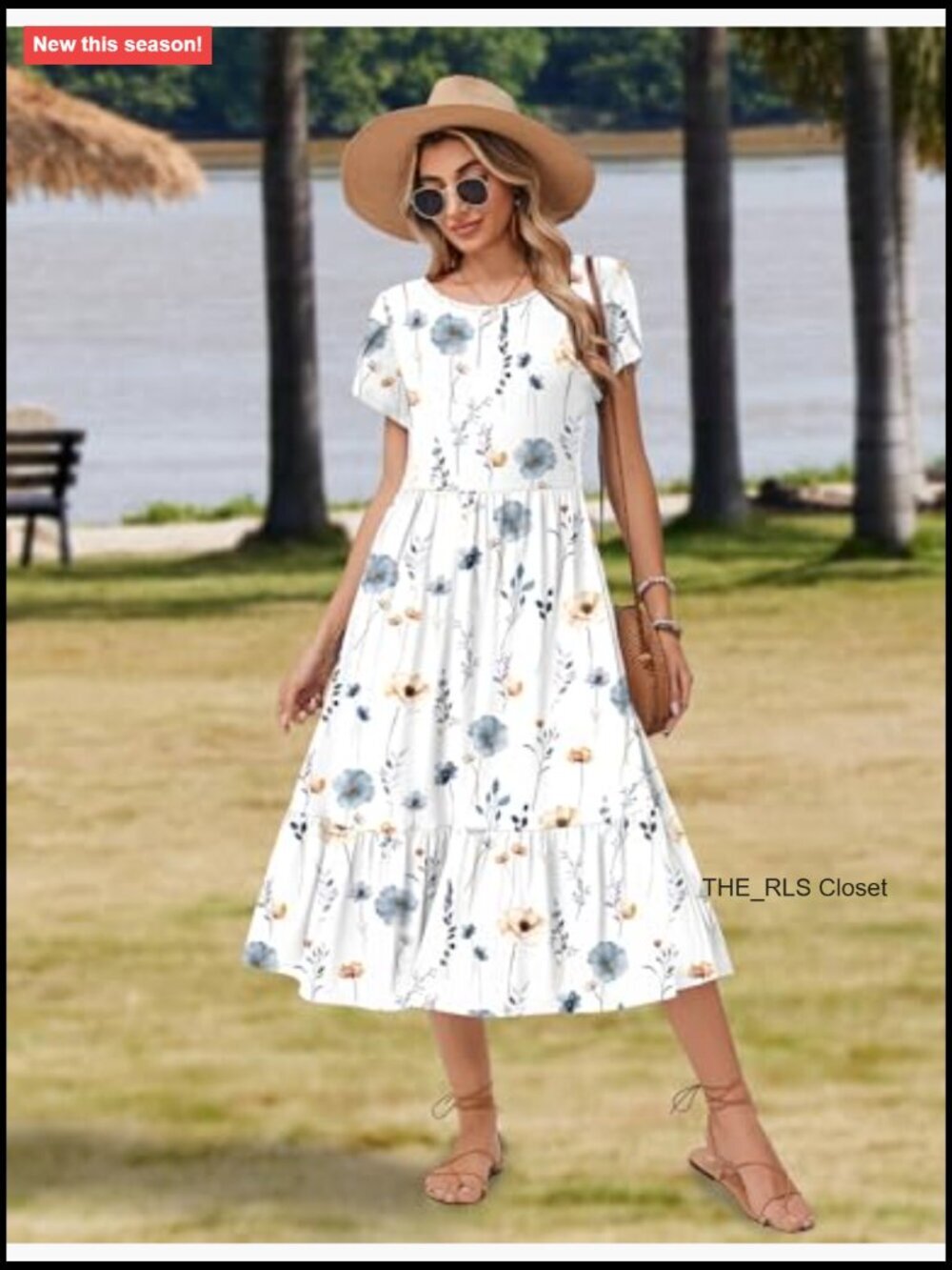 Summer Midi A Line Dress Short Sleeve Casual Flowy Tiered Beach Sundress with - Picture 3 of 7